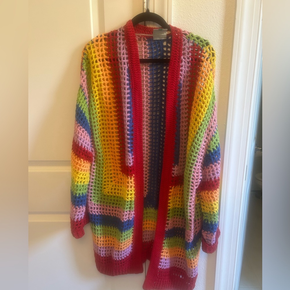 FARM Rio Rainbow Crochet Open-Front Cardigan with Red Trim